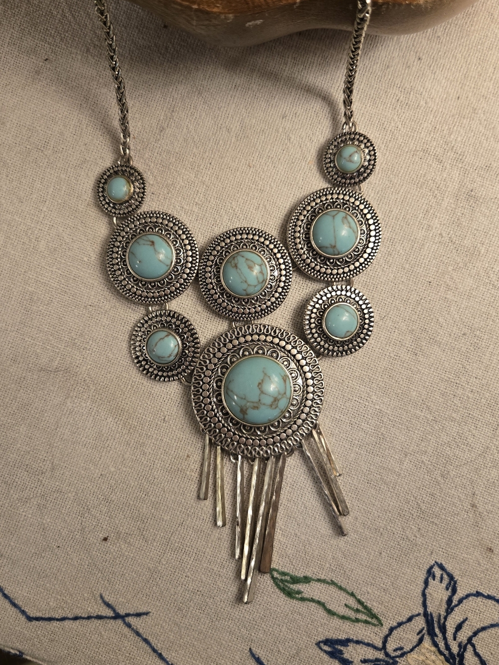 LUCKY BRAND Turquoise Silver-Tone Fringe Statement Necklace